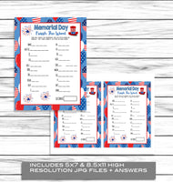 Memorial Day Finish The Word Game, Printable Kids Activity Sheet, Instant Download Party Party Idea