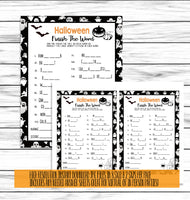 printable or virtual halloween costume party game finish the word for kids or adults classroom or office