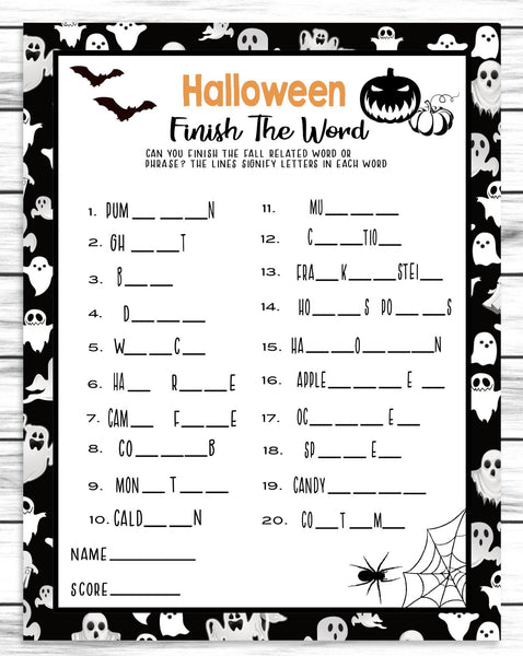 halloween printable or virtual finish the word party game for kids or adults