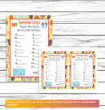 Summer Party Family Reunion Finish The Word Game, Printable Kids Activity Sheet, Instant Download