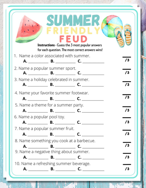 Summer Friendly Feud Printable Party Trivia Game For Kids & Adults