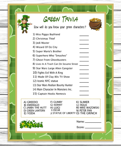 St Patricks Day Party Game Green Trivia St Pattys Printable Game