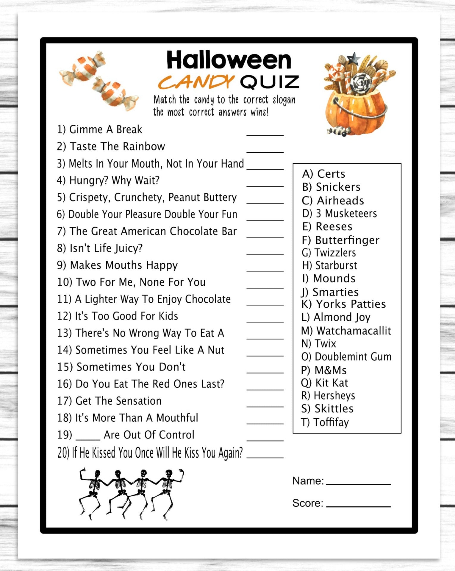 halloween candy quiz costume party match game, printable or