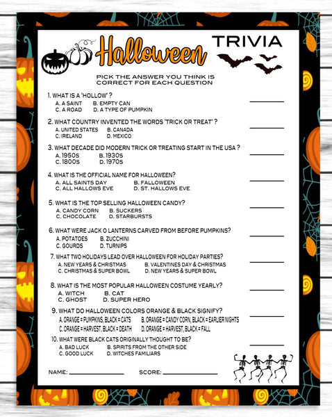 halloween printable or virtual trivia quiz party game for kids or adults