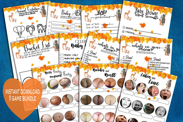 Autumn Baby Shower Games, Woodland Games Pack for Baby Shower, Fall Shower Bundle, Printable, Baby Shower Games