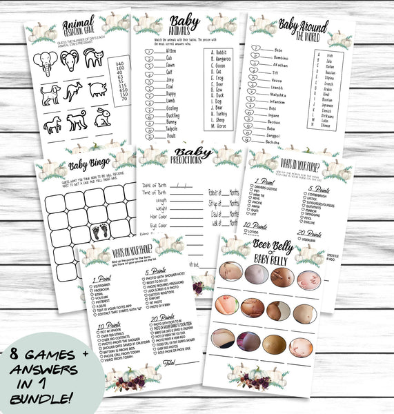 Gender Neutral Fall Pumpkin Baby Shower Games Set 8 Printable or Virtual Games ,Fall Baby Shower, Autumn Baby Shower ,Instant Download