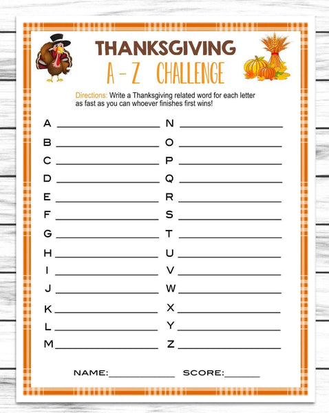 Thanksgiving A-Z Word Game, Printable Or Virtual Turkey Day Quiz For Kids Adults,Fun Friendsgiving Game,Office Classroom Party