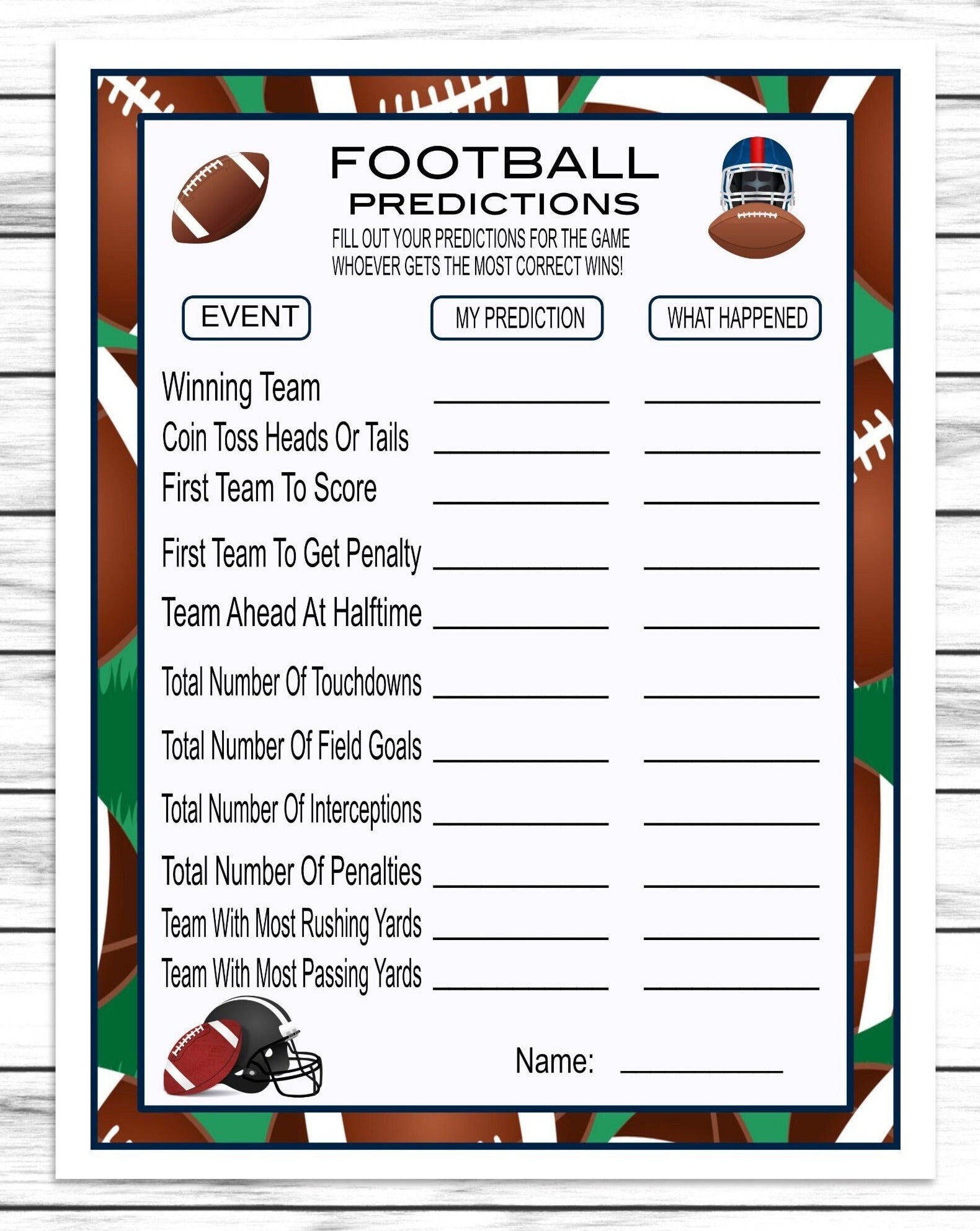 football predictions printable or virtual football party game for
