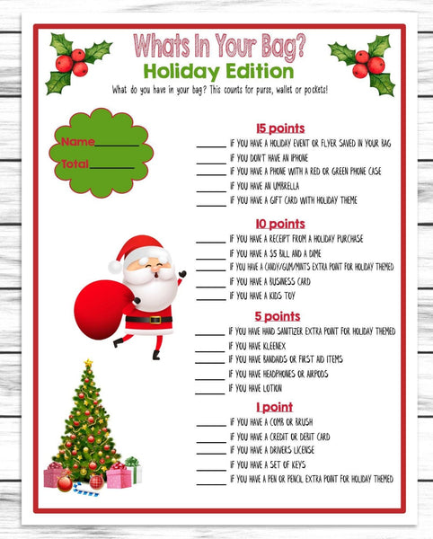 Christmas Whats in Your Purse Game, Printable Or Virtual Holiday Party Game For Kids & Adults, Classroom Office Party Activity, Xmas Bag