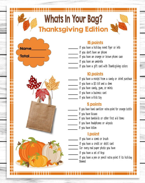 Thanksgiving Bag Purse Game, Printable Or Virtual Turkey Day Quiz For Kids & Adults,Fun Friendsgiving Trivia,Office Classroom Party