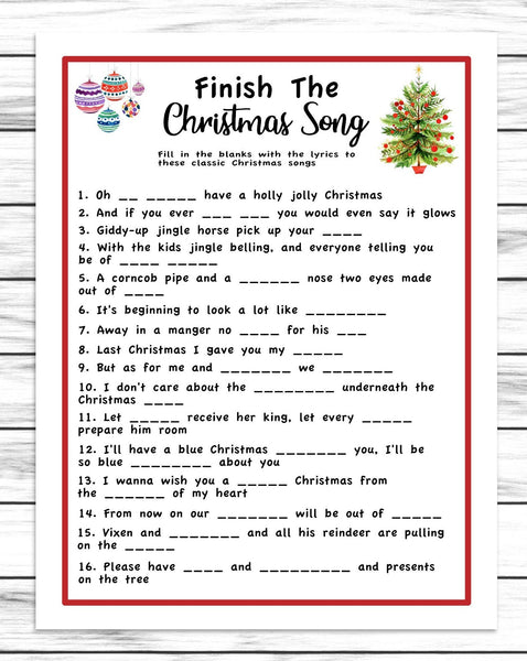Finish The Song Christmas Game, Xmas Songs, Printable Or Virtual Holiday Party Game For Kids & Adults, Classroom Office Party Activity