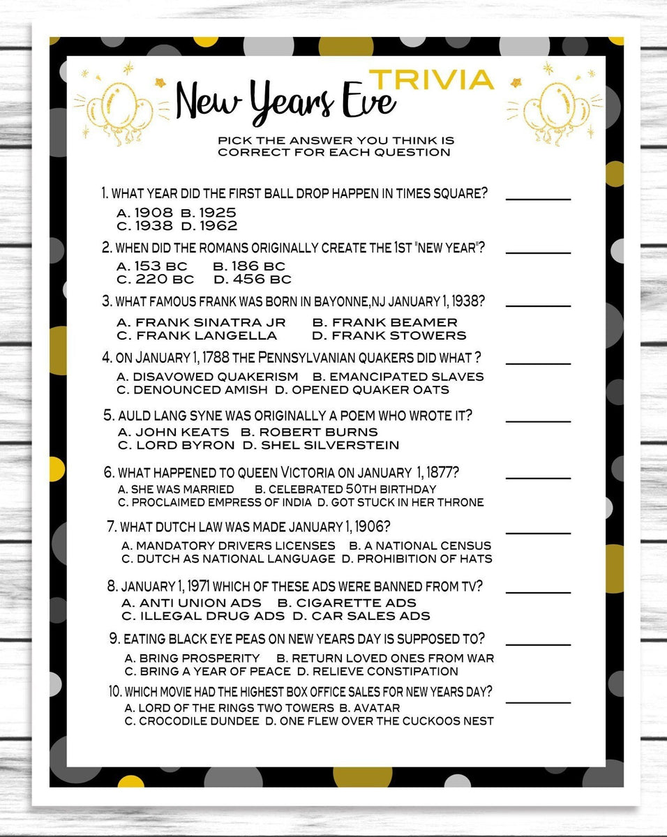 New Years Eve Trivia Game, Printable Or Virtual Holiday Party Game For