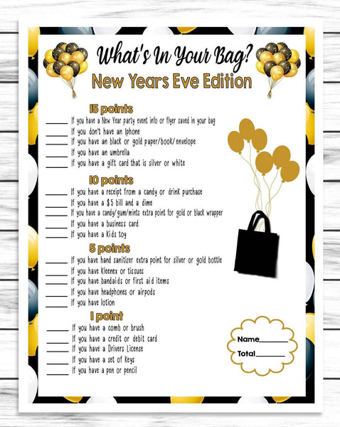 New Years Whats in Your Purse Game, Printable Or Virtual Holiday Party Game For Kids & Adults, Classroom Office Party Activity, NYE Bag