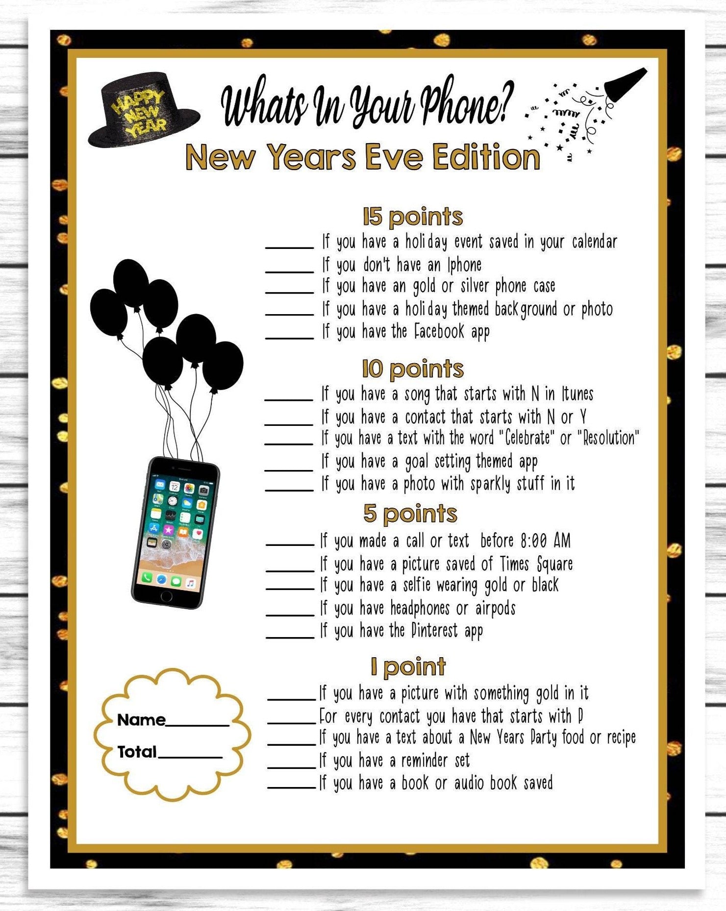 New Years Whats in Your Phone Game, Printable Or Virtual Holiday 