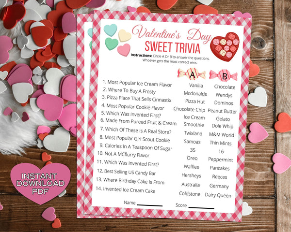 Valentines Day Fun Sweets Trivia Game -Classroom Office Party Game For Kids & Adults - Printable Or Virtual Instant Download Activity