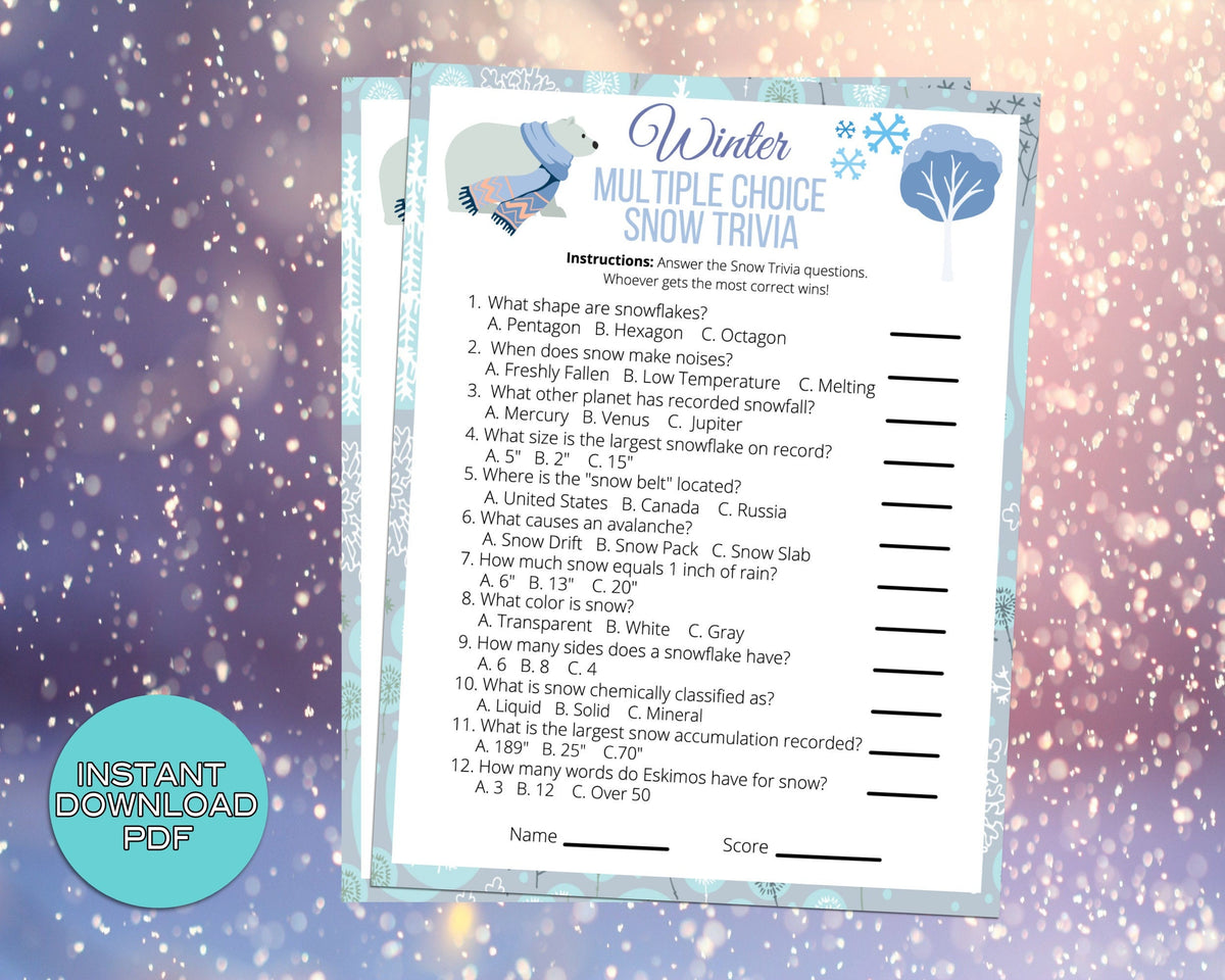Snow Trivia Winter Party Game, For Adults Kids, Classroom, Office, Win ...