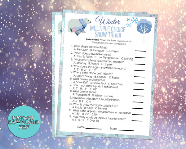 Snow Trivia Winter Party Game, For Adults Kids, Classroom, Office, Winter Party Printable Virtual Game, Family Reunion, Instant