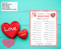 Valentines Finish My Phrase Word Game -Classroom Office Valentines Day Party Game For Kids & Adults - Printable Or Virtual Instant Download