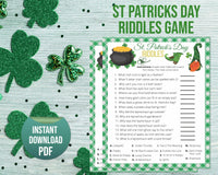 St Patricks Day Riddles Printable Game, St Paddys Office Classroom Activity, Irish Quiz, Kids & Adults Saint Pattys Party Match Trivia Game