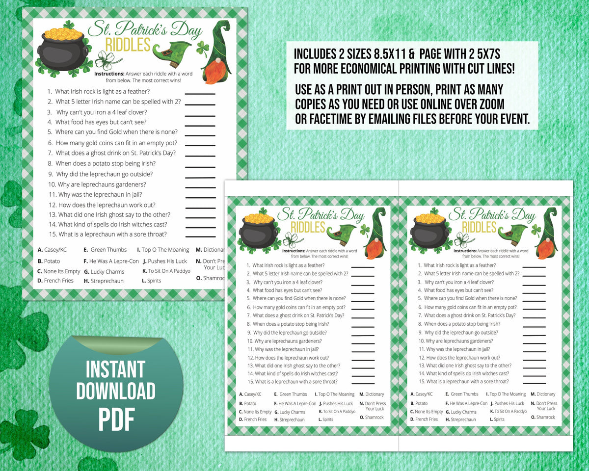 St Patricks Day Riddles Printable Game, St Paddys Office Classroom Act ...