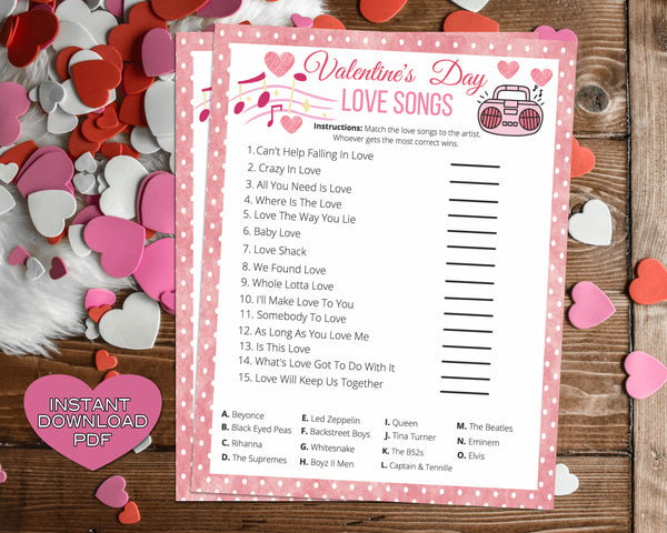 Valentines Day Love Songs Trivia Game -Classroom Office Party Game For Kids & Adults - Printable Or Virtual Instant Download Activity
