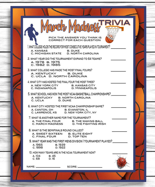 March Madness Party Trivia Game, Basketball Trivia, NCAA Trivia, Printable Or Virtual Game, Instant Download