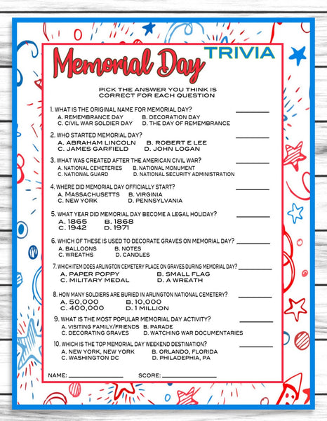 memorial day party trivia game instant download printable