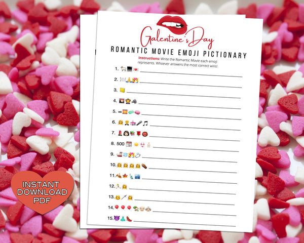 Galentines Day Chick Flick Game -Fun Party Game - Ladies Night Out - Girls Night In - Rom Com Emoji Trivia Quiz - Instant Download