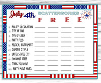 July 4th Party Scattergories Game, Printable Kids Activity Sheet, Instant Download