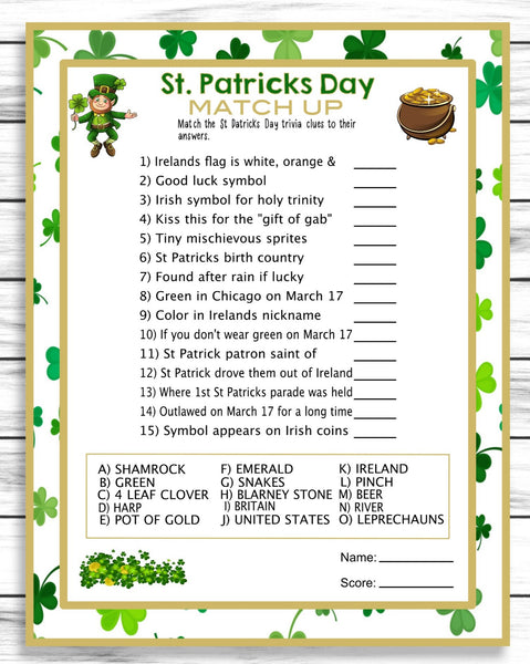 Saint Patricks Day Matching Trivia Game, St Patricks Day Party Game, Quiz,  Instant Download, Printable Or Virtual