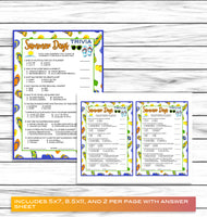 Summer Party Family Reunion Trivia Game, Printable Kids Activity Sheet, Instant Download