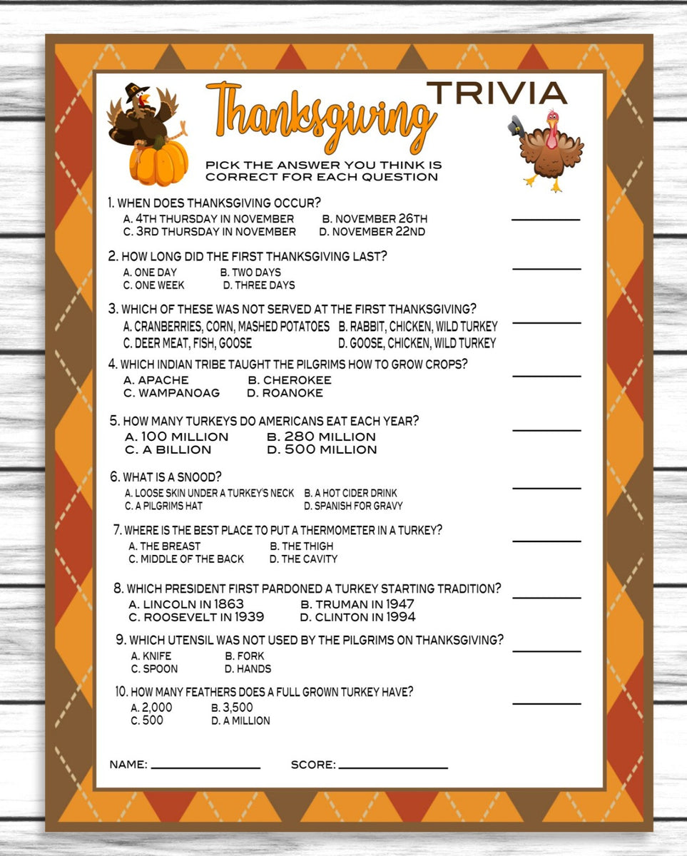 Thanksgiving Friendsgiving Party Family Trivia Game, Printable Kids Ac ...