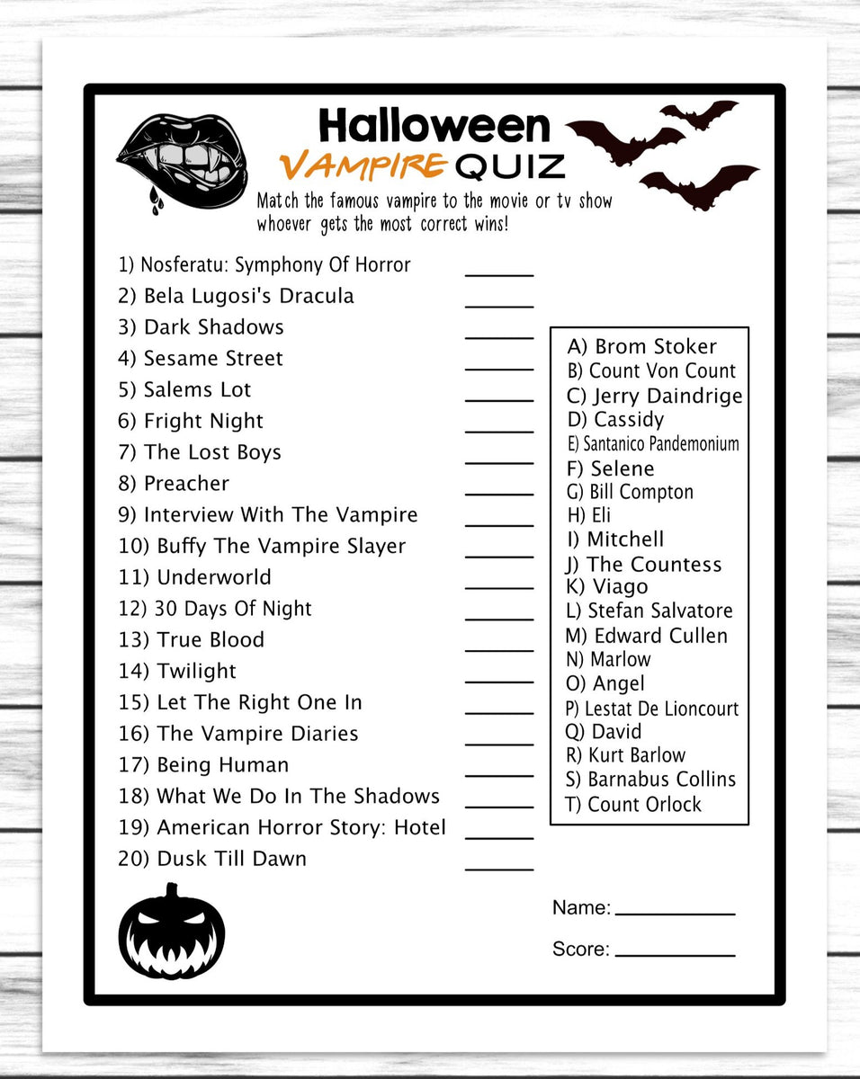 Test Vampire Halloween Vampire Quiz Costume Party, Horror Movie Game, Printable Or ...