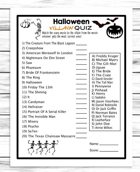 halloween horror movie villain quiz for adults office party or kids classroom activity printable or virtual party game