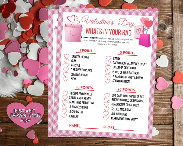 Valentines Whats In Your Purse Bag Game -Classroom Office Valentines Day Party Game For Kids & Adults -Printable Or Virtual Instant Download
