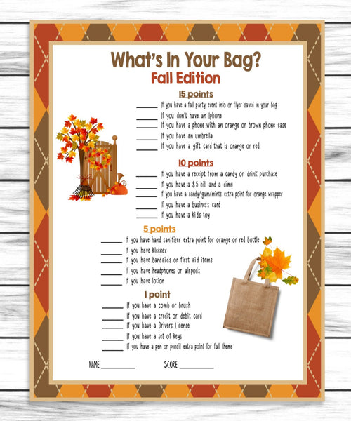 fall autumn whats in your bag party game