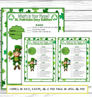 Saint Patricks Day Whats In Your Phone Game, St Patricks Day Party Game, St Paddys Day Activity, Instant Download, Printable Or Virtual Game