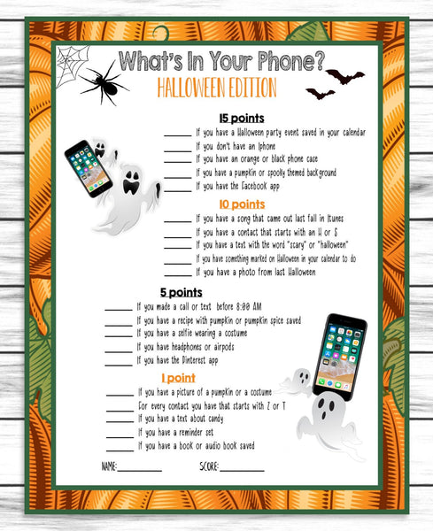 halloween party whats in your phone game for kids and adults virtual or printable
