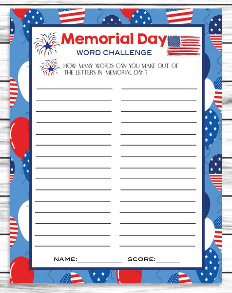 memorial day party word game challenge instant download party printable