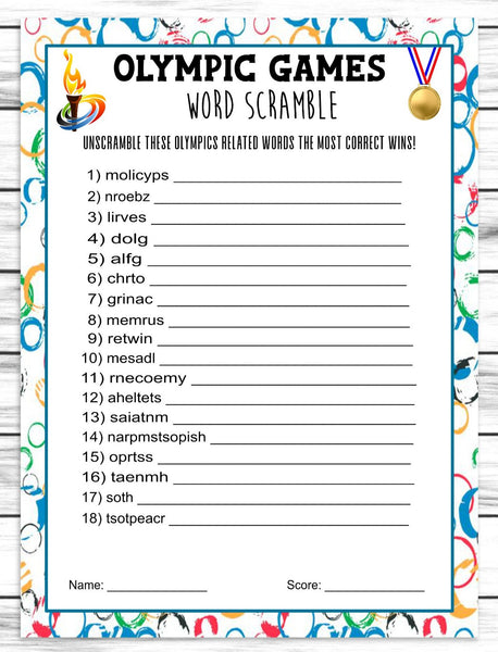printable or virtual summer olympics word scramble party game
