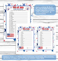 July 4th Party Word Scramble Game, Printable Kids Activity Sheet, Instant Download