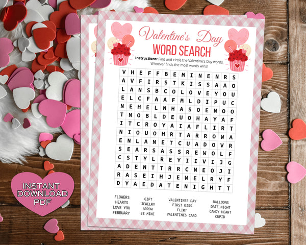 Valentines Day Word Search Find Game -Classroom Office Valentines Day Party Game For Kids & Adults - Printable Or Virtual Instant Download